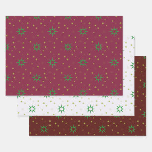 Christmas Tree Stars on white and red Wrapping Paper Sheets
