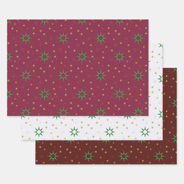 Christmas Tree Stars on white and red Wrapping Paper Sheets (Set)