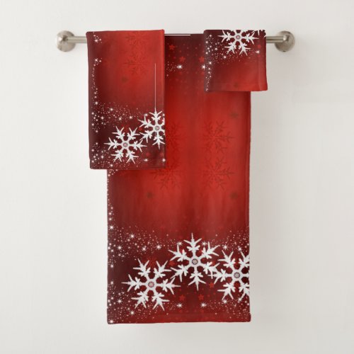 Christmas Tree Stars Snowflake Red Bath Towel Set