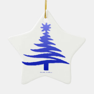Christmas Tree Stencil Cobalt Blue Ceramic Ornament