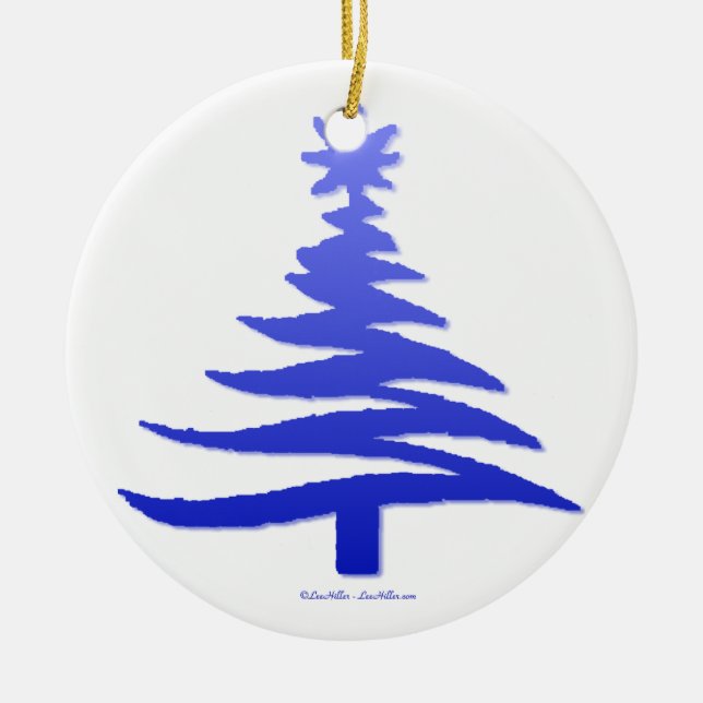 Christmas Tree Stencil Cobalt Blue Ceramic Ornament (Front)