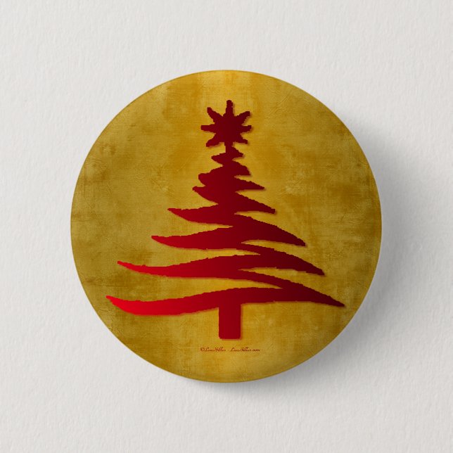 Christmas Tree Stencil Red on Gold Button (Front)
