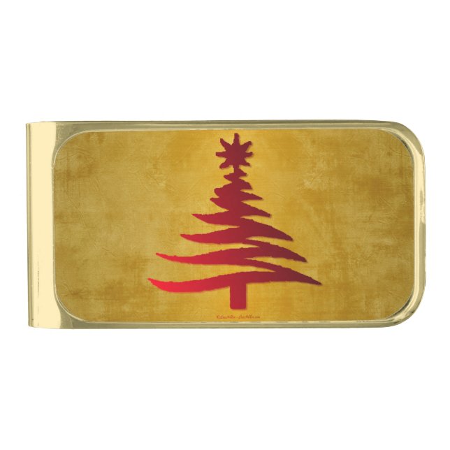 Christmas Tree Stencil Red on Gold Gold Finish Money Clip (Front)