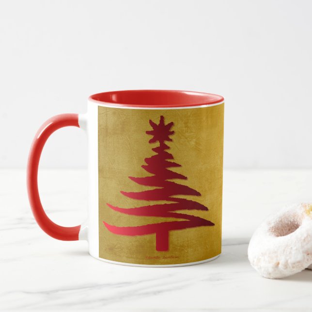 Christmas Tree Stencil Red on Gold Mug (With Donut)