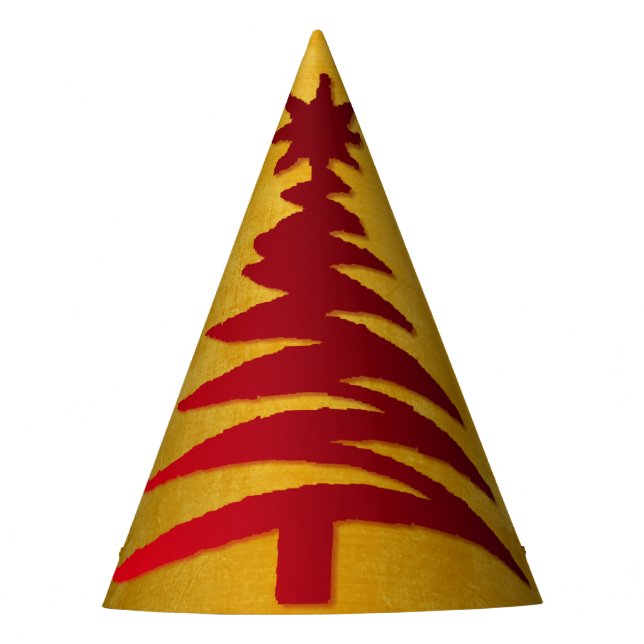 Christmas Tree Stencil Red on Gold Party Hat (Front)