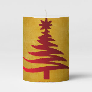 Christmas Tree Stencil Red on Gold Pillar Candle