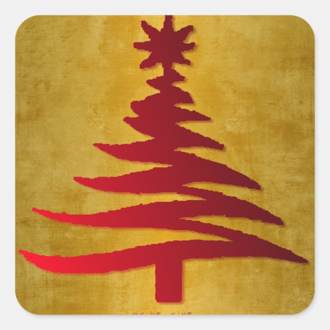 Christmas Tree Stencil Red on Gold Square Sticker (Front)