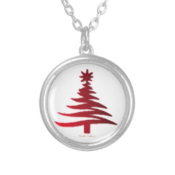 Christmas Tree Stencil Red Silver Plated Necklace by HolidayChristmasShop at Zazzle