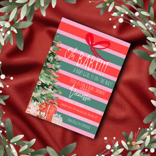 Christmas Tree Stripes Girls Baby Shower   Invitation