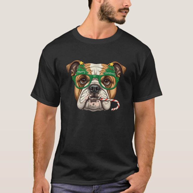 Christmas Tree Sunglasses English Bulldog Candy Ca T-Shirt (Front)