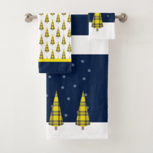 Christmas Tree Tartan Pattern on Blue Yellow White Bath Towel Set