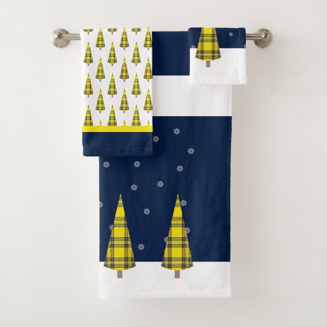 Christmas Tree Tartan Pattern on Blue Yellow White Bath Towel Set (Insitu)