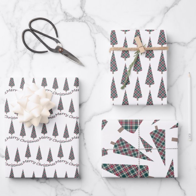 Christmas Tree Tartan Pattern on White Wrapping Paper Sheets (Front)