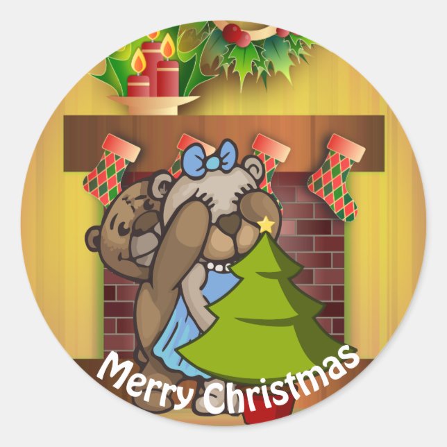 Christmas Tree Teddy Bear Surprise Classic Round Sticker (Front)