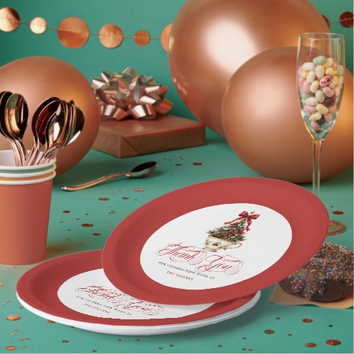 Christmas Tree Thank You Red Typography Paper Plates