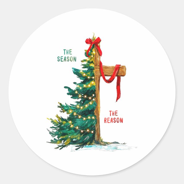 Christmas Tree The Season Jesus Cross The Reason  Classic Round Sticker (Front)