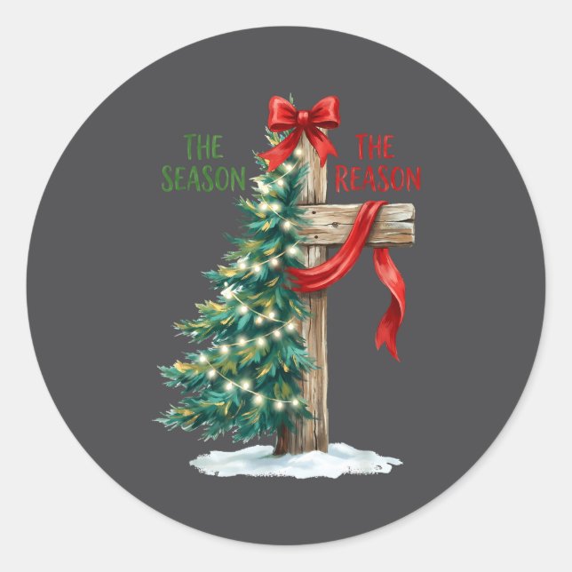 Christmas Tree The Season Jesus Cross The Reason X Classic Round Sticker (Front)