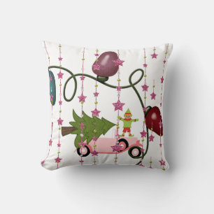 Christmas Tree Throw Pillow, Elf, Pink Car  Pillow