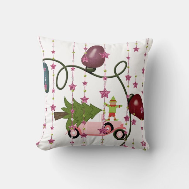 Christmas Tree Throw Pillow, Elf, Pink Car  Throw Pillow (Front)