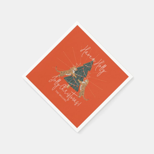 Christmas Tree & Tigers Jolly Christmas Card Napkins (Corner)