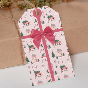 Christmas Tree & Town Pink Retro Van Pink Bow Gift Tags