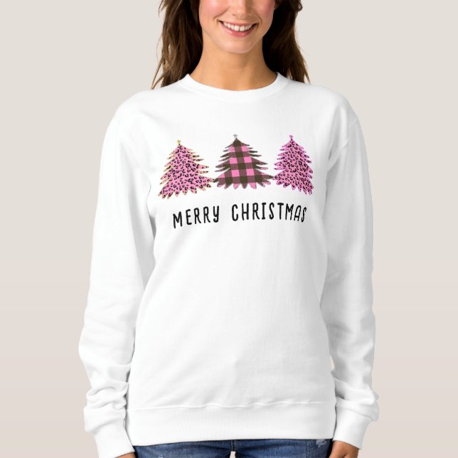 Christmas Tree Trio Pink Animal Print and Plaid Sweatshirt (Front)