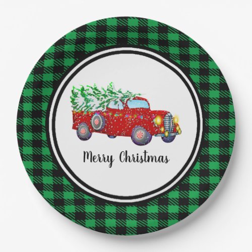 Christmas Tree Truck Buffalo Plaid Border Paper Plates