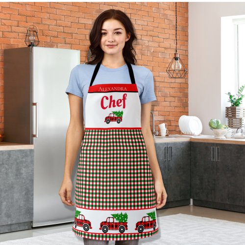 Christmas Tree Truck Chef  Red Green Holiday Plaid Apron