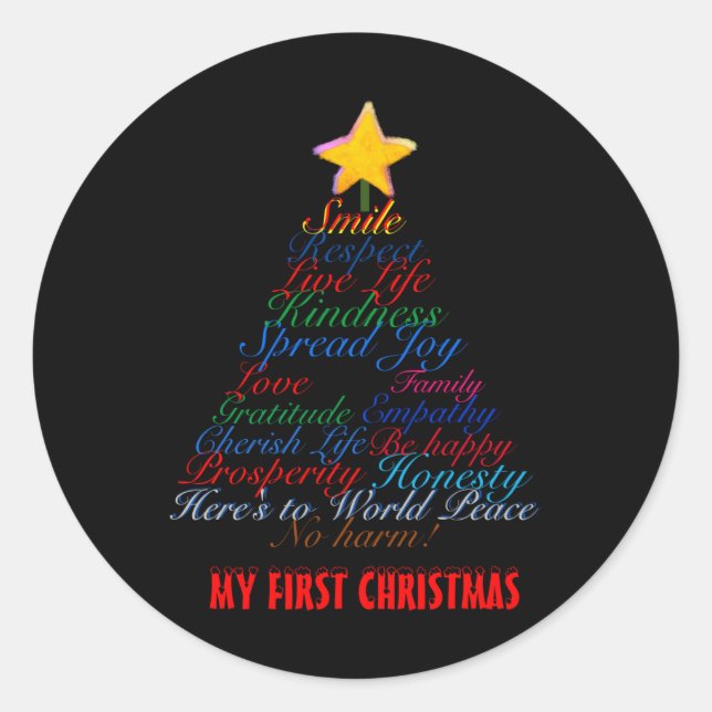 Christmas Tree Tygraphy Babys First Christmas Baby Classic Round Sticker (Front)
