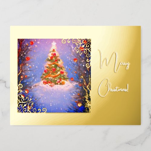 Christmas tree under the snow with gold foil holiday postcard