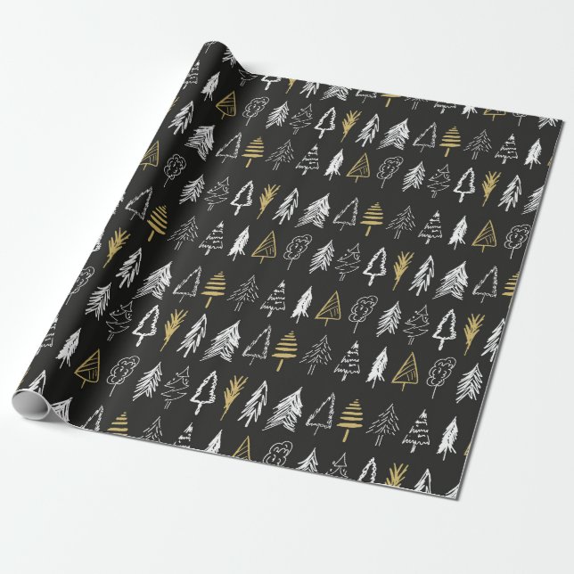 Christmas Tree Variety - Black, White & Gold Wrapping Paper (Unrolled)