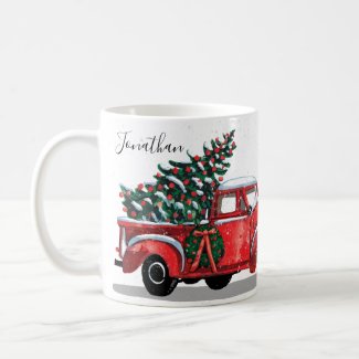 Christmas Tree Vintage Red Truck Monogram Name Coffee Mug