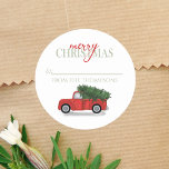 Christmas Tree Vintage Red Truck Rustic Cute Classic Round Sticker<br><div class="desc">A rustic red old truck returning from the Christmas tree lot with this year's holiday Christmas Tree. A red cute pickup truck with a bright green evergreen Christmas tree in the back. A great template with a modern Merry Christmas greeting and a simple to-from template. This design features Christmas watercolor...</div>