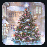 Christmas Tree Vintage Square Sticker<br><div class="desc">Beautiful original vintage Christmas tree illustration with sparkling lights.</div>