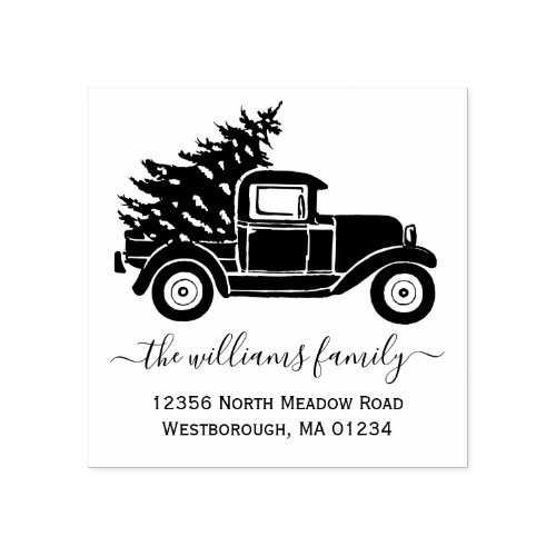 Christmas Tree Vintage Truck Family Return Address Rubber Stamp