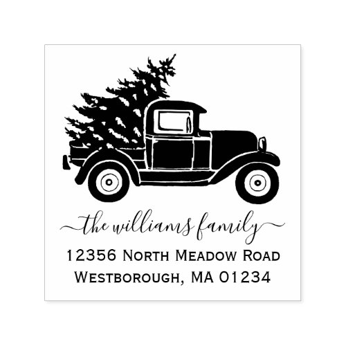 Christmas Tree Vintage Truck Family Return Address Self_inking Stamp