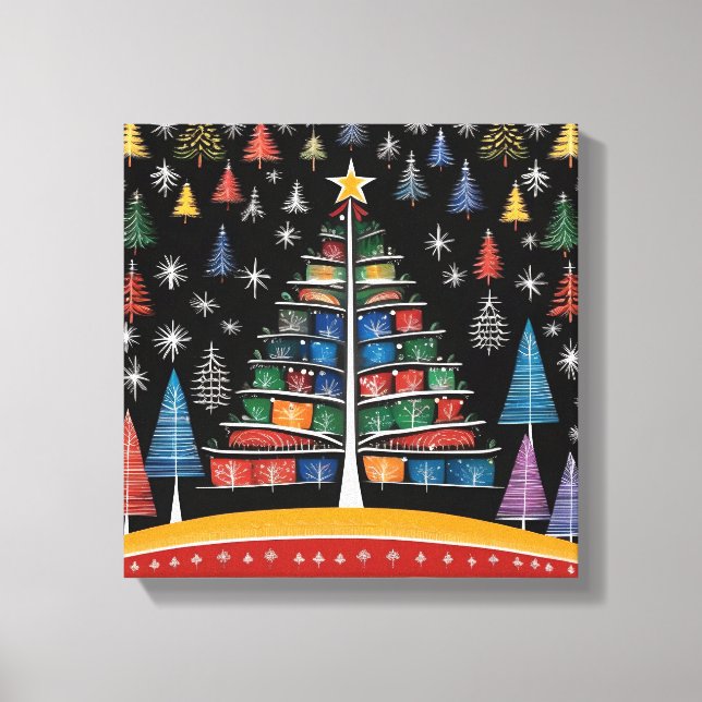 Christmas Tree Warli Art Stretched Canvas Print (Front)
