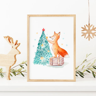 Christmas Tree Watercolor and Cute Fox Poster