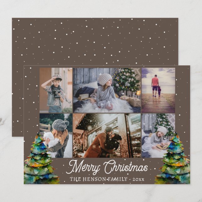 Christmas Tree Watercolor Family 6 Photo Collage  (Front/Back)