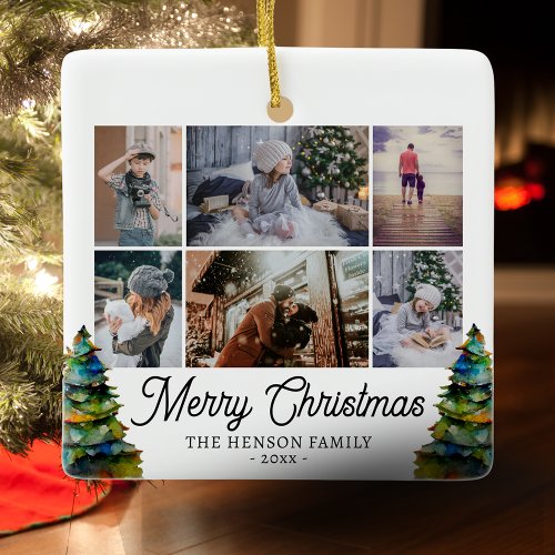 Christmas Tree Watercolor Family 6 Photo Collage Ceramic Ornament