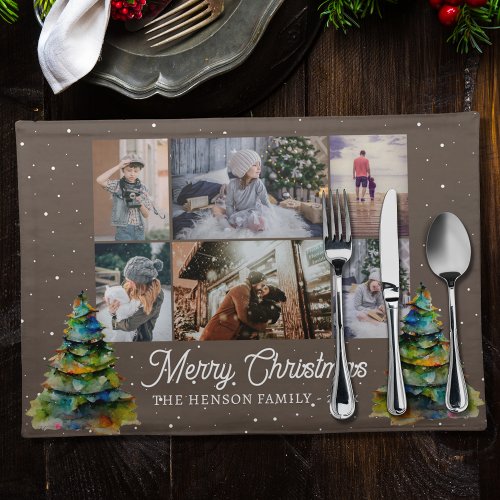 Christmas Tree Watercolor Family 6 Photo Collage Cloth Placemat