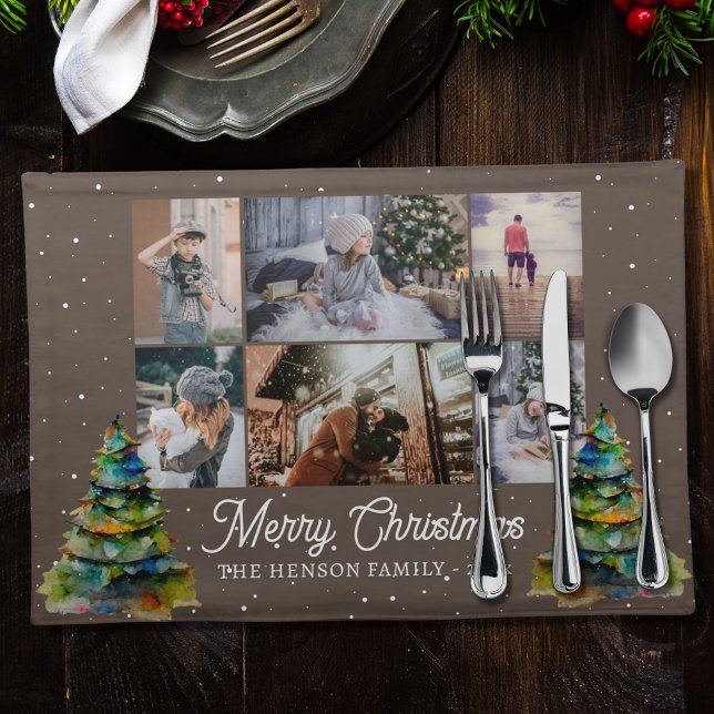 Christmas Tree Watercolor Family 6 Photo Collage Cloth Placemat (Creator Uploaded)