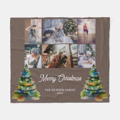 Christmas Tree Watercolor Family 6 Photo Collage Fleece Blanket