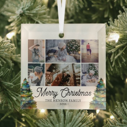 Christmas Tree Watercolor Family 6 Photo Collage Glass Ornament