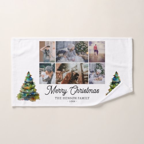 Christmas Tree Watercolor Family 6 Photo Collage Hand Towel