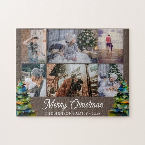 Christmas Tree Watercolor Family 6 Photo Collage Jigsaw Puzzle
