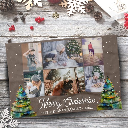 Christmas Tree Watercolor Family 6 Photo Collage Kitchen Towel