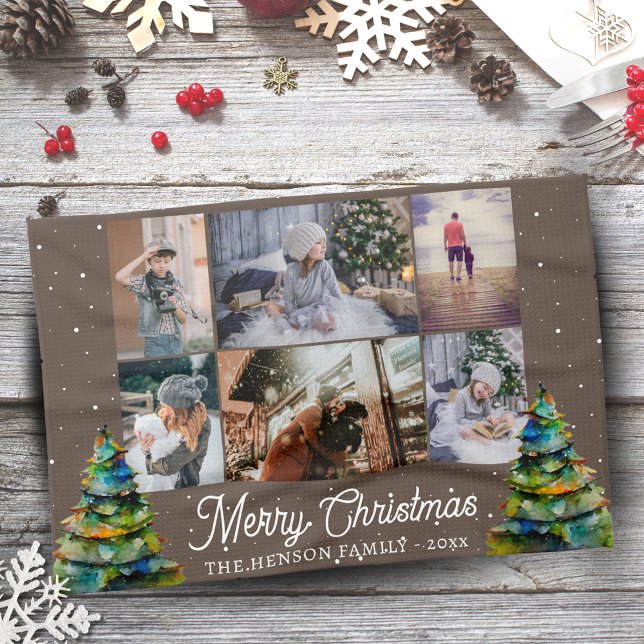 Christmas Tree Watercolor Family 6 Photo Collage Kitchen Towel (Creator Uploaded)