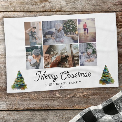 Christmas Tree Watercolor Family 6 Photo Collage  Kitchen Towel