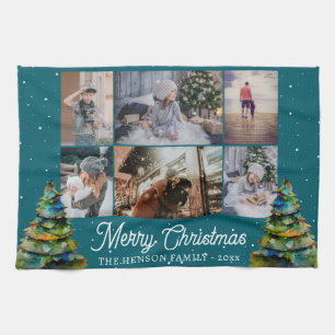 Christmas Tree Watercolor Family 6 Photo Collage Kitchen Towel